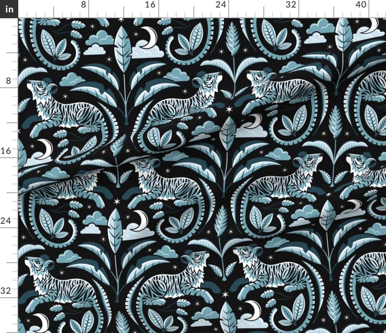 Tiger Damask Dramatic Maximalist Night Sky Dark Jungle Tropical Black Light Blue Custom Printed Fabric by Spoonflower Various Fabrics by the Yard or Fat Quarter